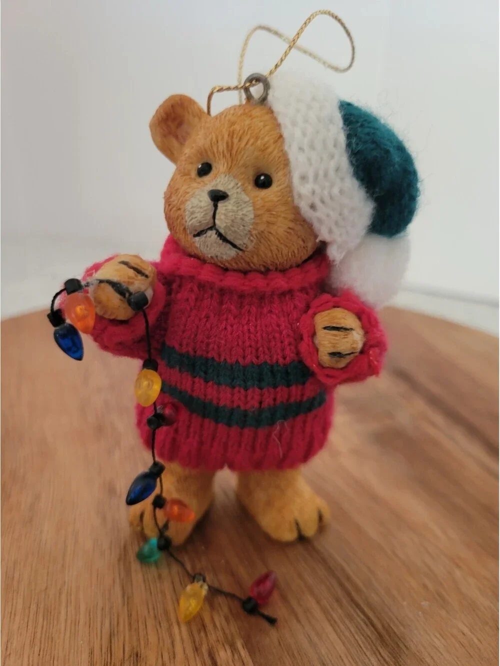 Vintage Teddy Bear Ornament Knit Sweater Christmas Tree String of Lights Xmas